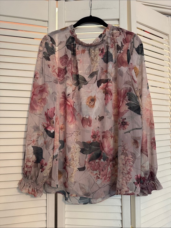 H&M Tops - H&M Floral Sheer Long-Sleeve Blouse in Pink and Green